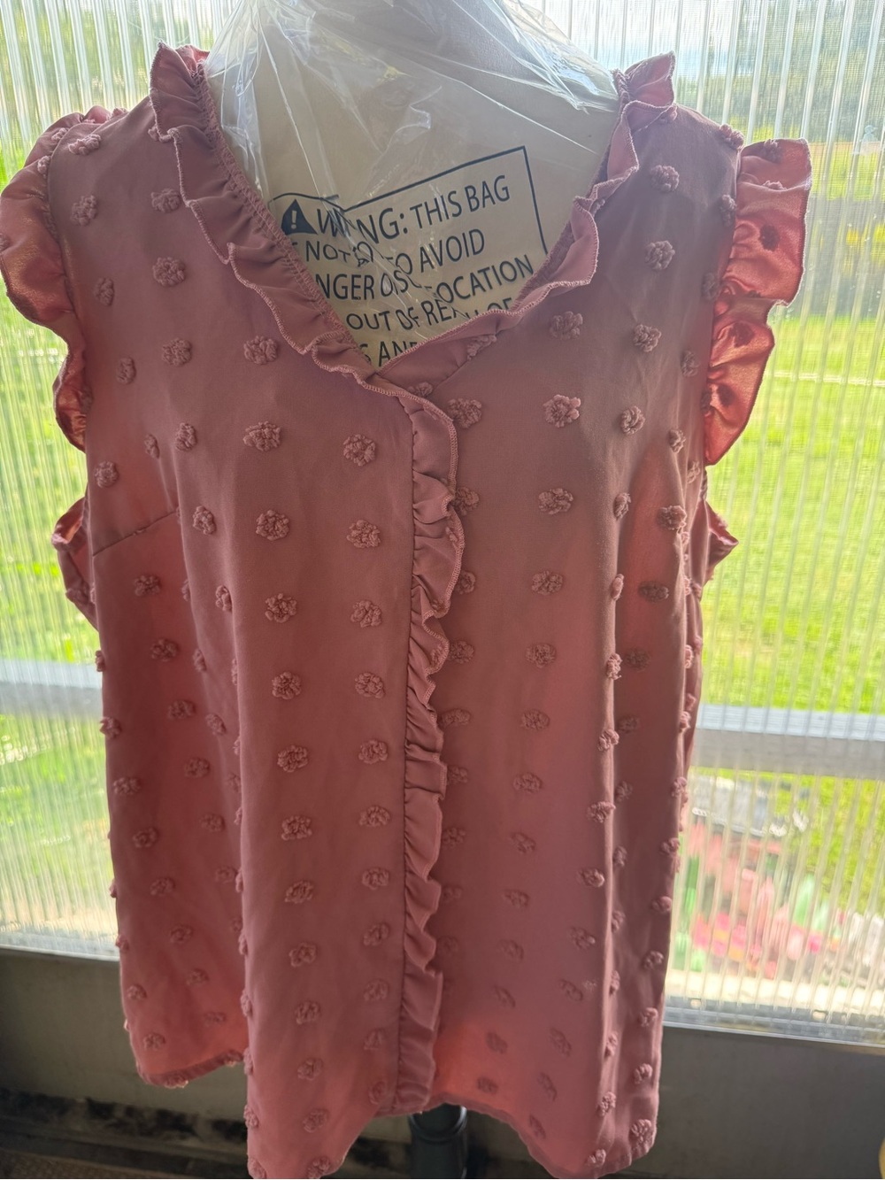 SHEIN Rose Pink Ruffle-Trim Textured Sleeveless Blouse